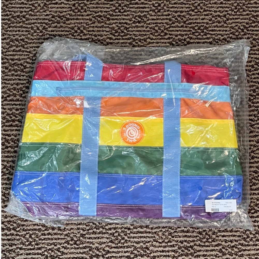 NEW Round Two Rainbow Stripe Nylon Zip Tote Bag OS NWT
